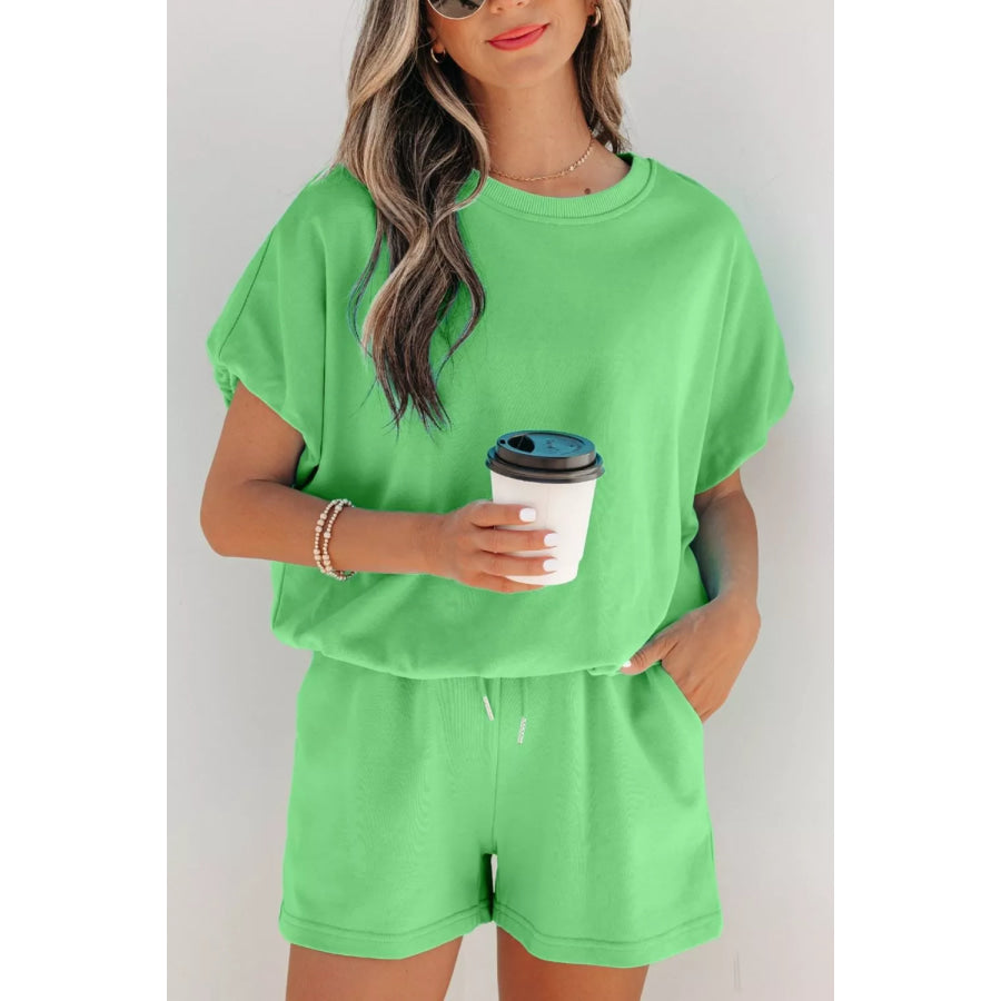 Solid Color Puffy Loose Top Drawstring Shorts 2pcs Outfit Apparel and Accessories