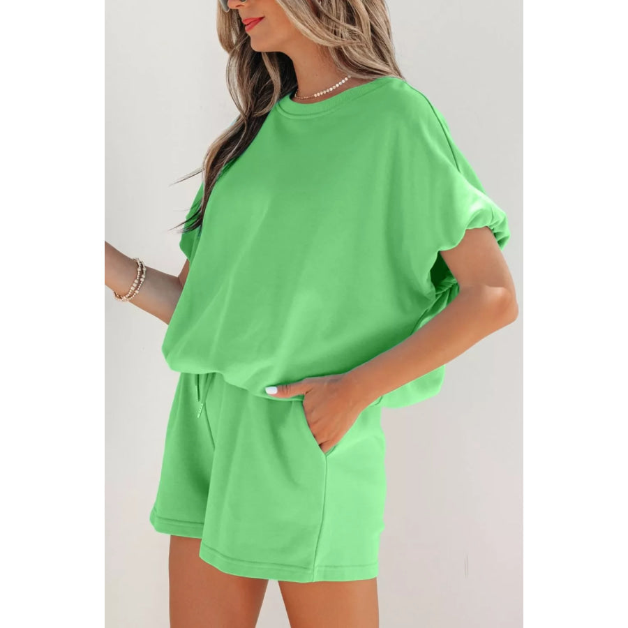 Solid Color Puffy Loose Top Drawstring Shorts 2pcs Outfit Apparel and Accessories