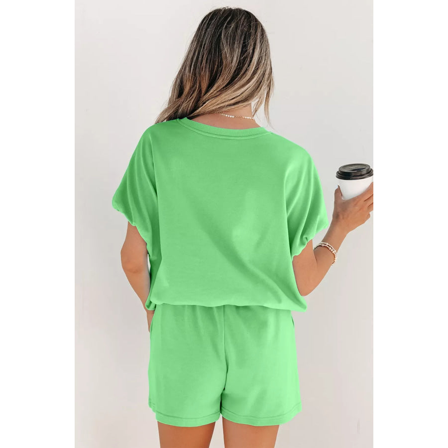 Solid Color Puffy Loose Top Drawstring Shorts 2pcs Outfit Apparel and Accessories