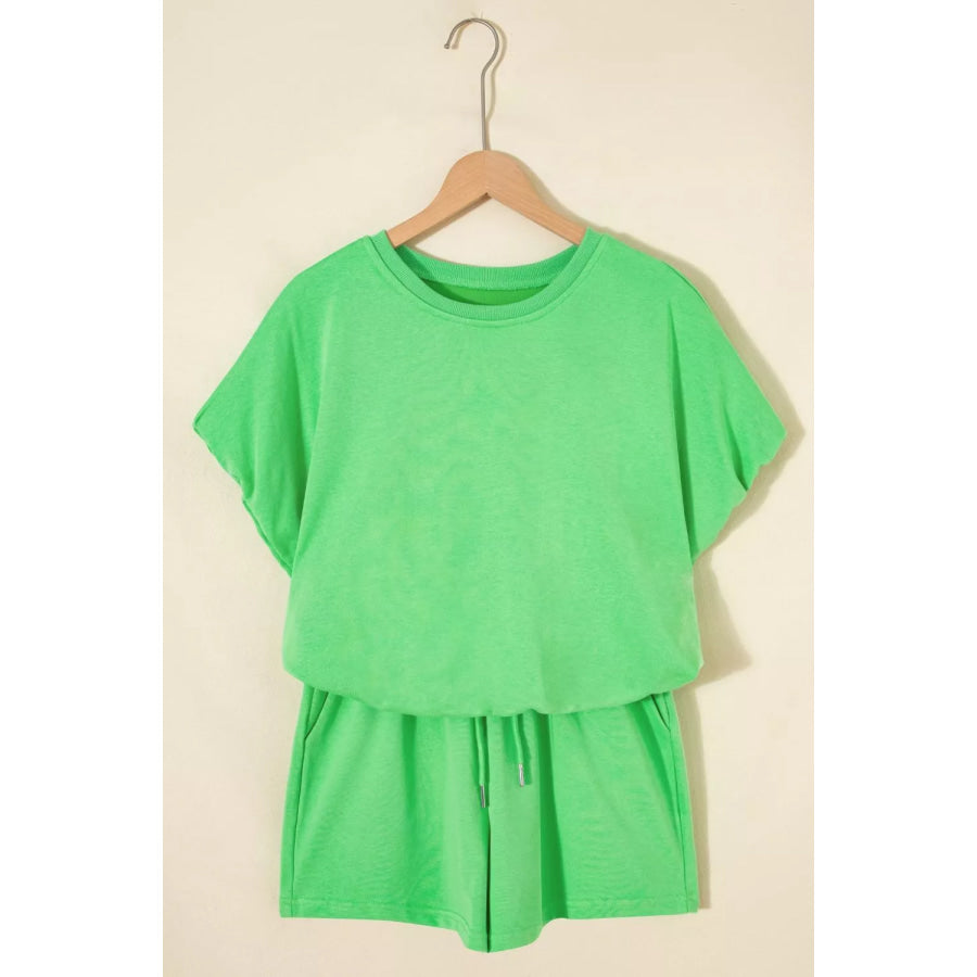 Solid Color Puffy Loose Top Drawstring Shorts 2pcs Outfit Apparel and Accessories