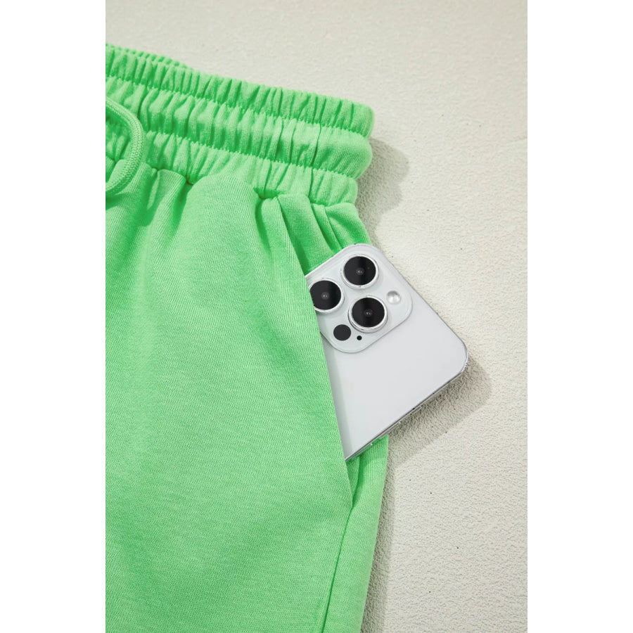 Solid Color Puffy Loose Top Drawstring Shorts 2pcs Outfit Apparel and Accessories