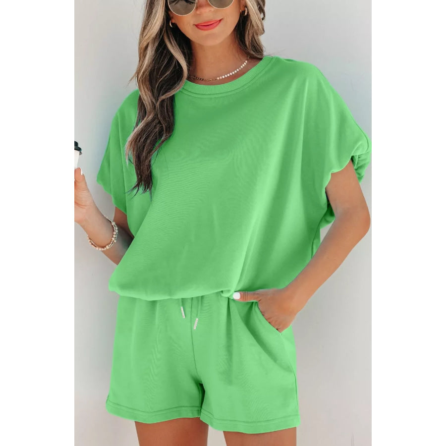 Solid Color Puffy Loose Top Drawstring Shorts 2pcs Outfit Green / S Apparel and Accessories
