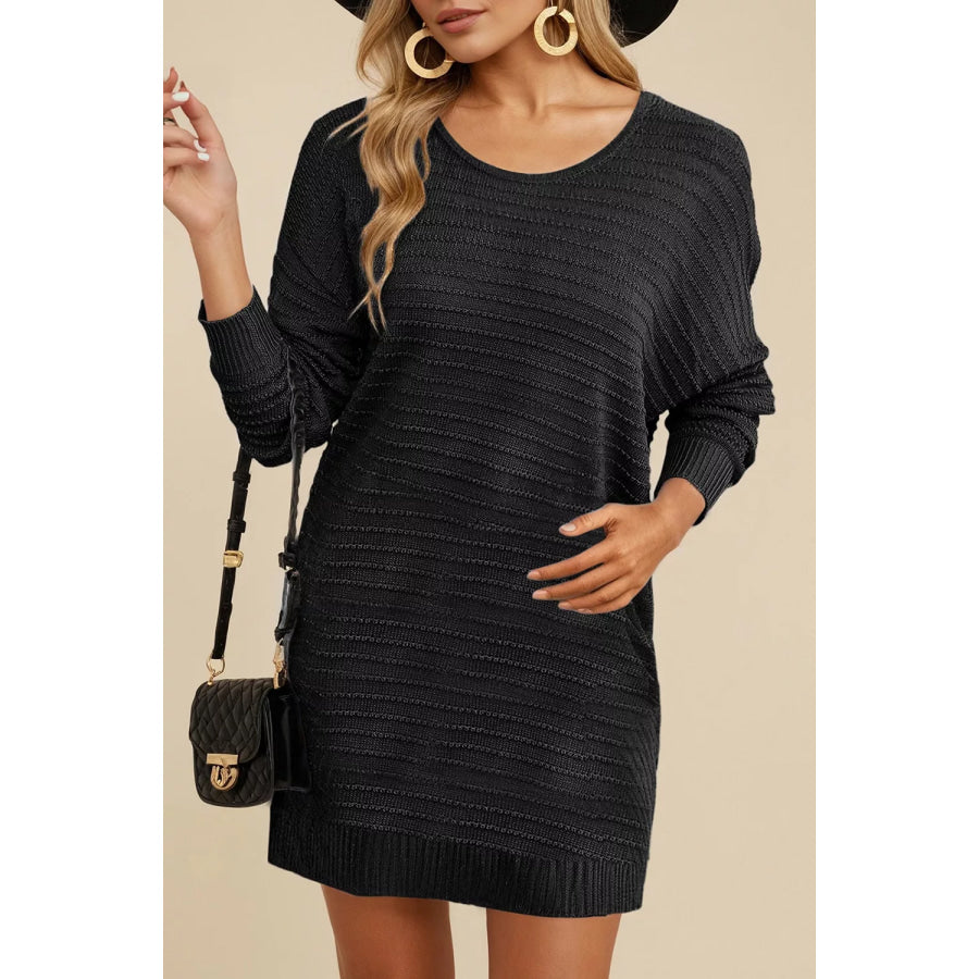 Solid Color Raised Rib Knit Dolman Sleeve Shift Sweater Dress Apparel and Accessories