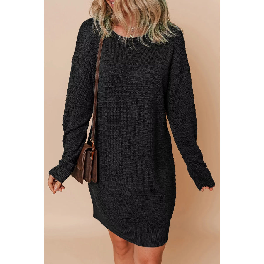 Solid Color Raised Rib Knit Dolman Sleeve Shift Sweater Dress Black / S Apparel and Accessories