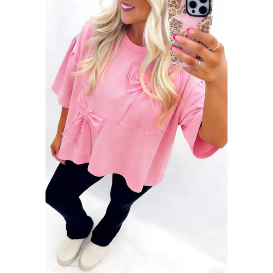 Solid Color Raw Edge Bow Patch Loose T Shirt Apparel and Accessories