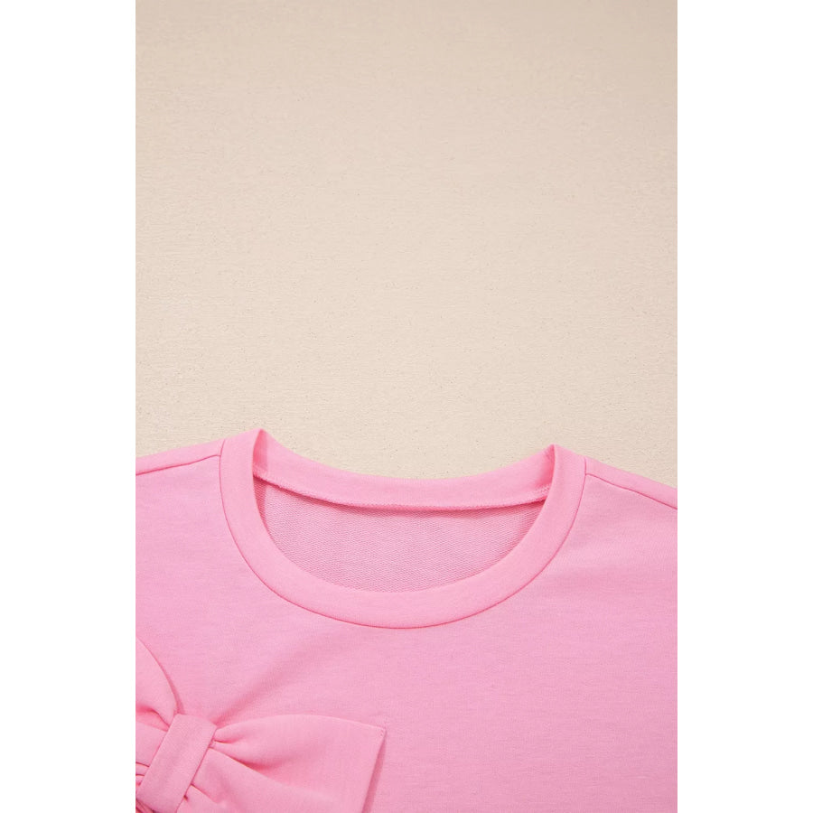 Solid Color Raw Edge Bow Patch Loose T Shirt Apparel and Accessories