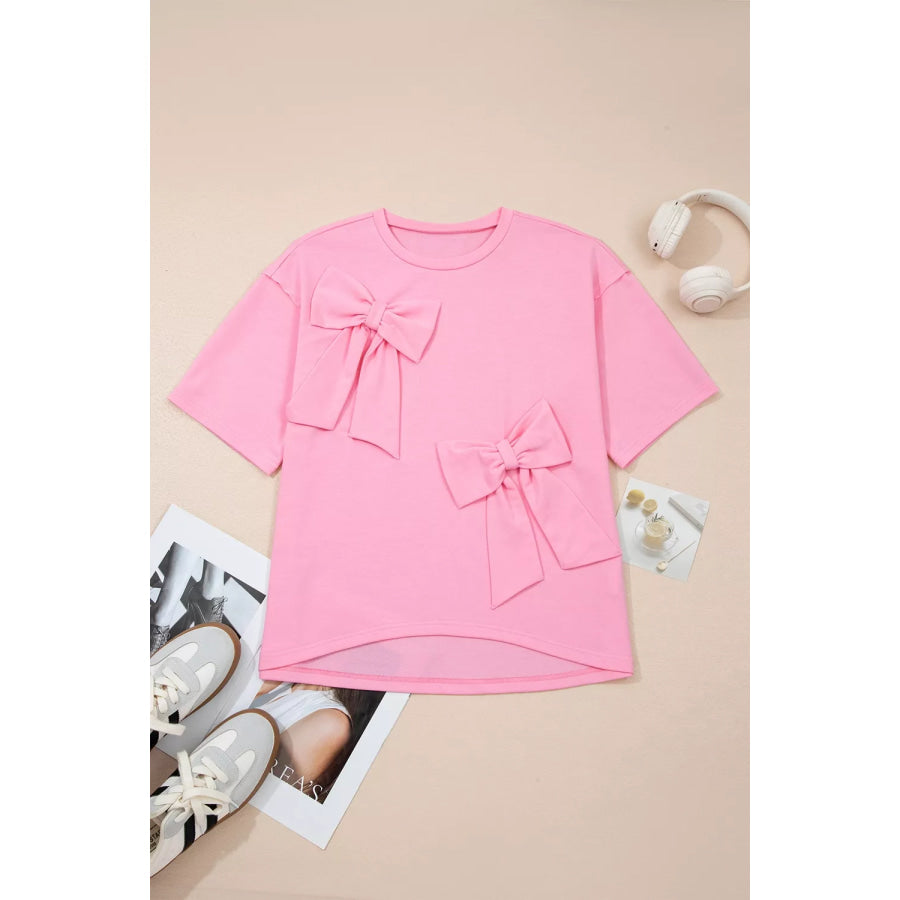 Solid Color Raw Edge Bow Patch Loose T Shirt Apparel and Accessories