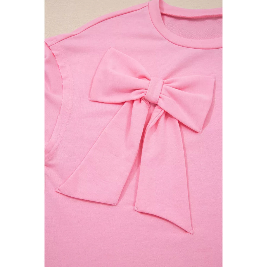 Solid Color Raw Edge Bow Patch Loose T Shirt Apparel and Accessories