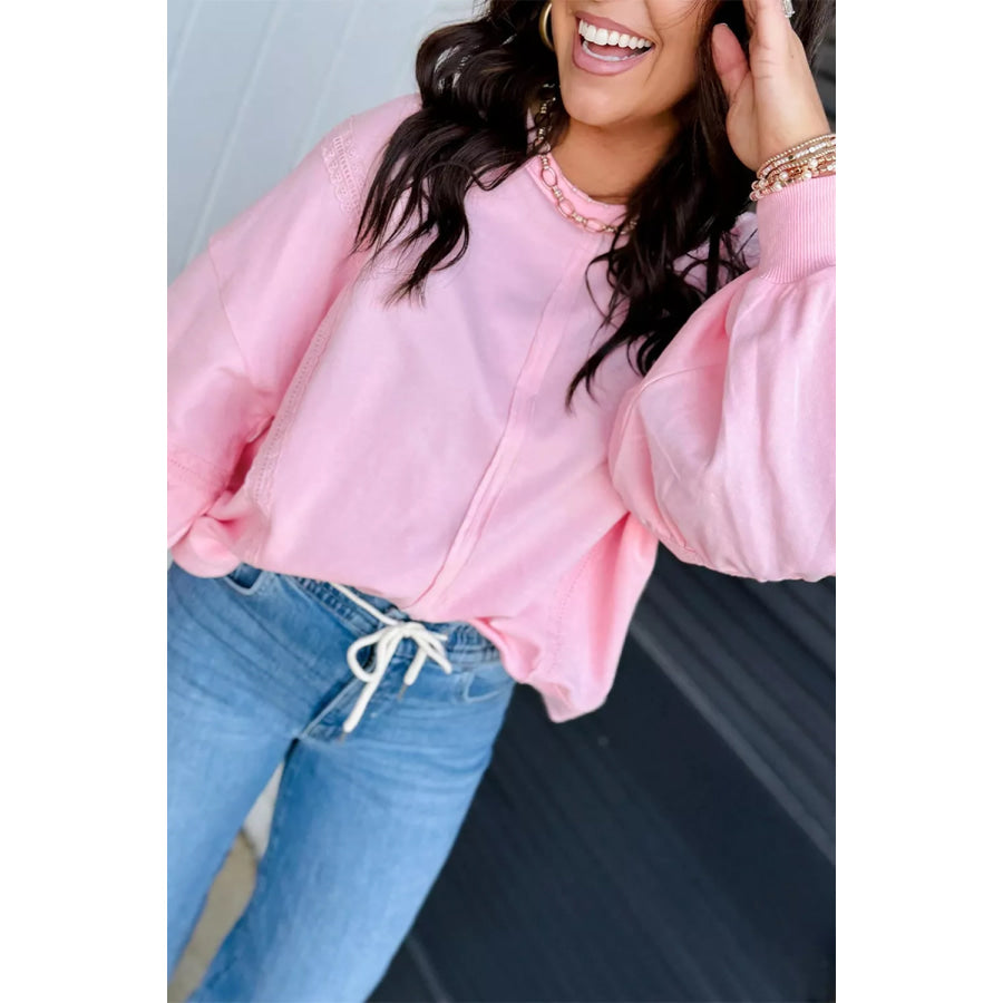 Solid Color Raw Seam Lace Detail Loose Casual Sweatshirt Apparel and Accessories