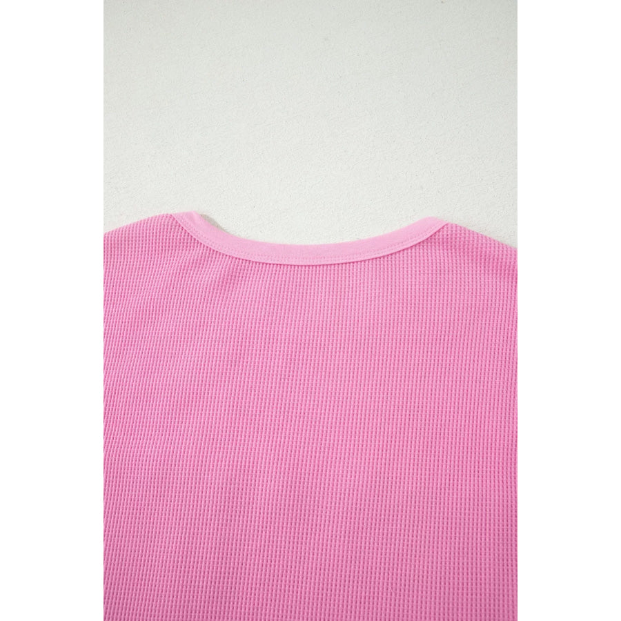 Solid Color Raw Seam Waffled Patchwork Casual T Shirt Apparel and Accessories