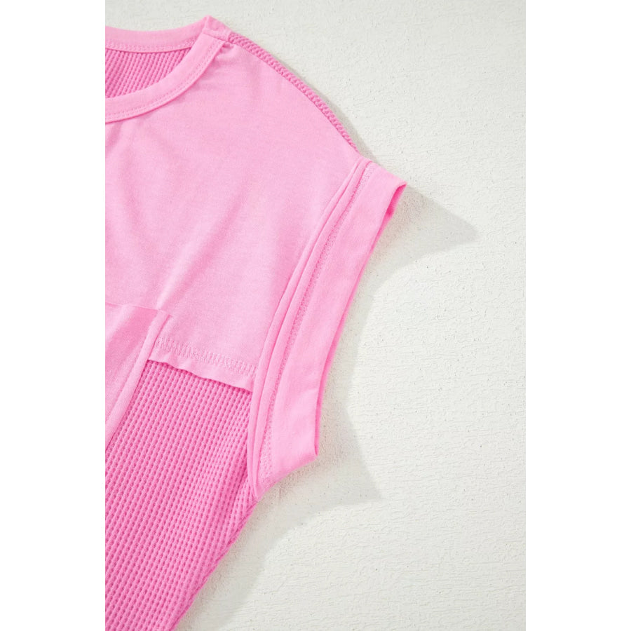 Solid Color Raw Seam Waffled Patchwork Casual T Shirt Apparel and Accessories