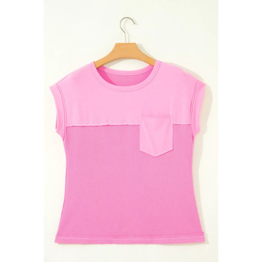 Solid Color Raw Seam Waffled Patchwork Casual T Shirt Apparel and Accessories