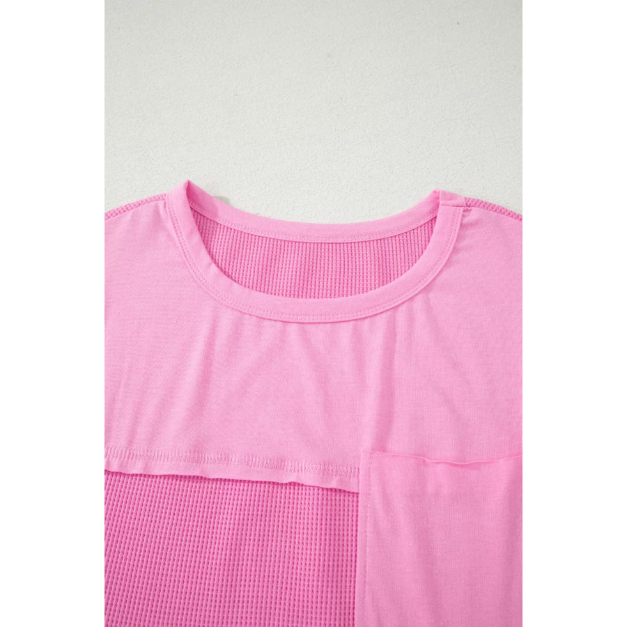 Solid Color Raw Seam Waffled Patchwork Casual T Shirt Apparel and Accessories