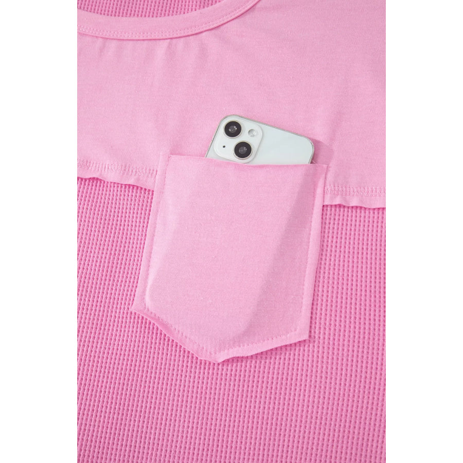 Solid Color Raw Seam Waffled Patchwork Casual T Shirt Apparel and Accessories