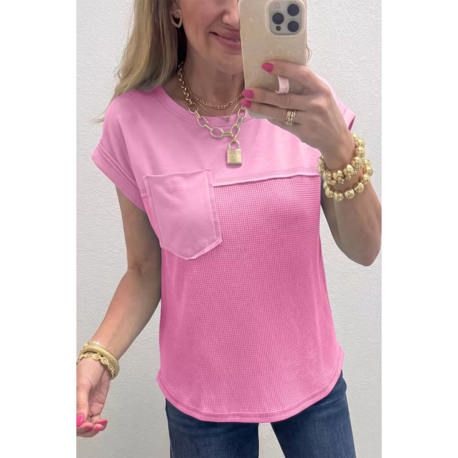 Solid Color Raw Seam Waffled Patchwork Casual T Shirt Pink / S Apparel and Accessories