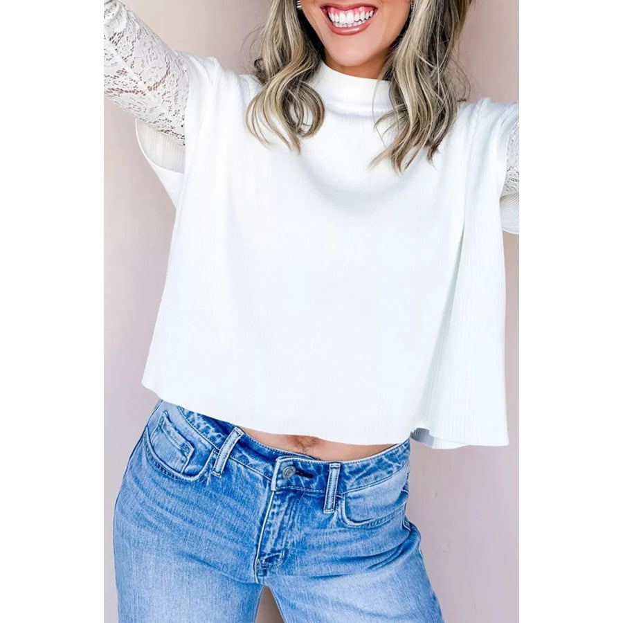 Solid Color Ribbed Knit Mock Neck Loose Short Sleeve Sweater Apparel and Accessories