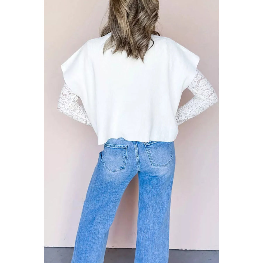 Solid Color Ribbed Knit Mock Neck Loose Short Sleeve Sweater Apparel and Accessories