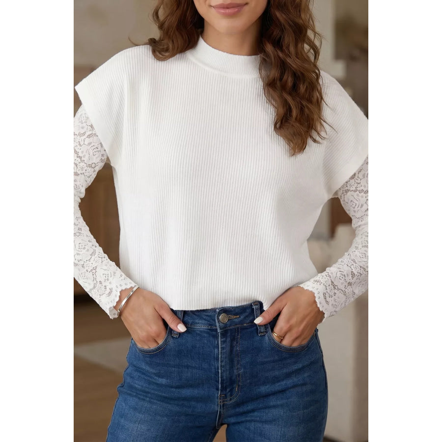 Solid Color Ribbed Knit Mock Neck Loose Short Sleeve Sweater Apparel and Accessories