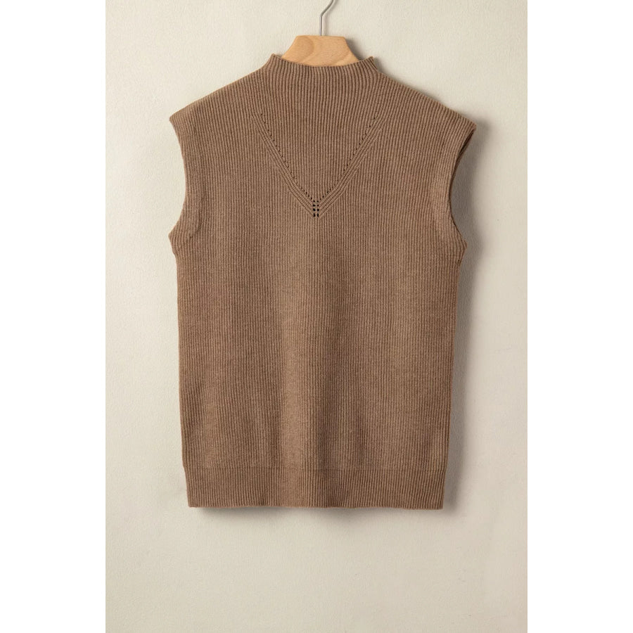 Solid Color Ribbed Knit Mock Neck Loose Sweater Vest Apparel and Accessories