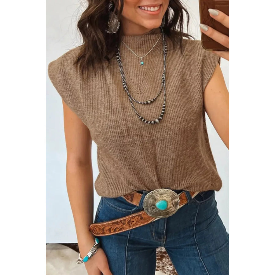 Solid Color Ribbed Knit Mock Neck Loose Sweater Vest Apparel and Accessories
