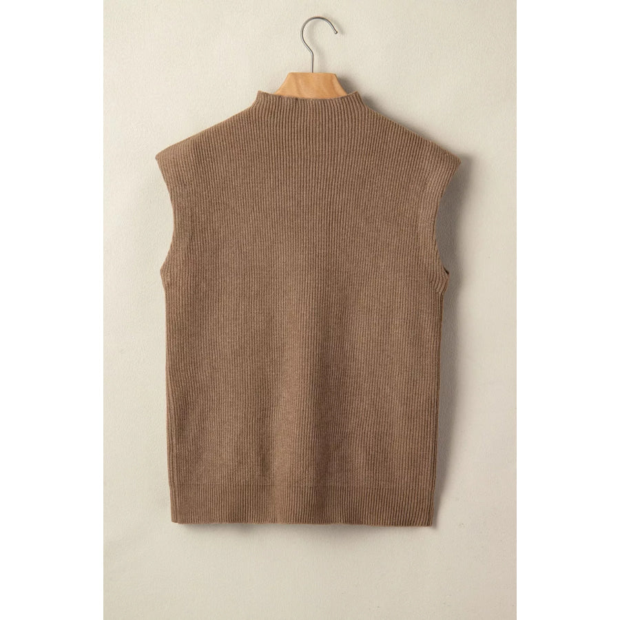 Solid Color Ribbed Knit Mock Neck Loose Sweater Vest Apparel and Accessories