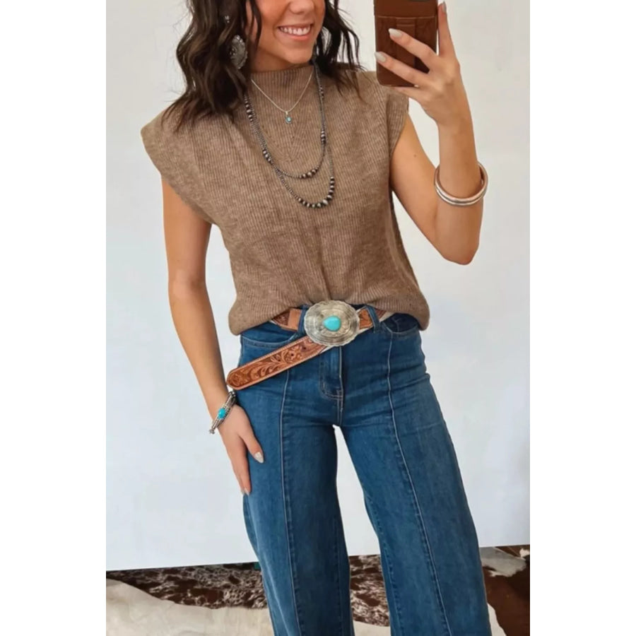 Solid Color Ribbed Knit Mock Neck Loose Sweater Vest Taupe / S Apparel and Accessories