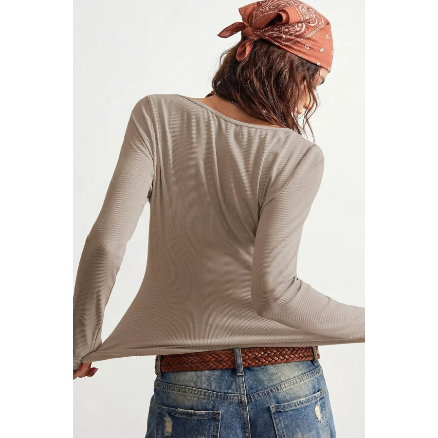 Solid Color Ribbed Lace Neck Long Sleeve Top Apparel and Accessories