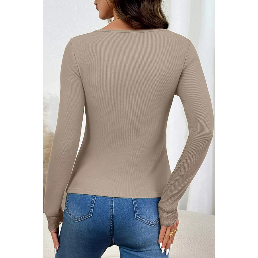 Solid Color Ribbed Lace Neck Long Sleeve Top Apparel and Accessories