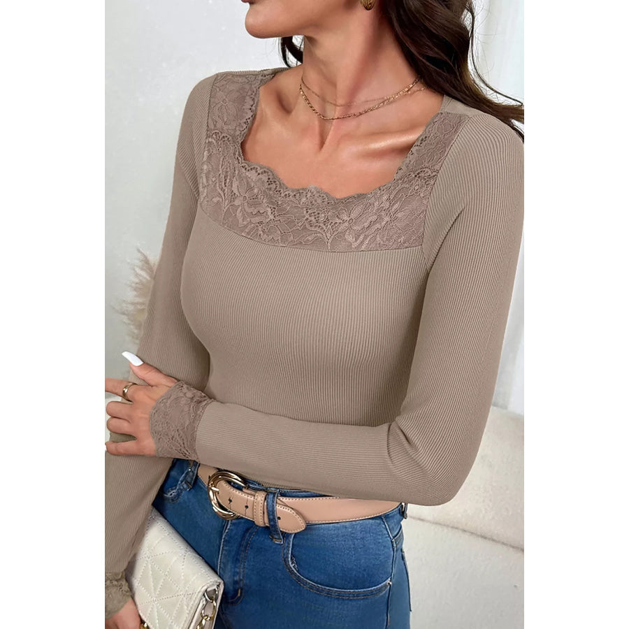 Solid Color Ribbed Lace Neck Long Sleeve Top Apparel and Accessories