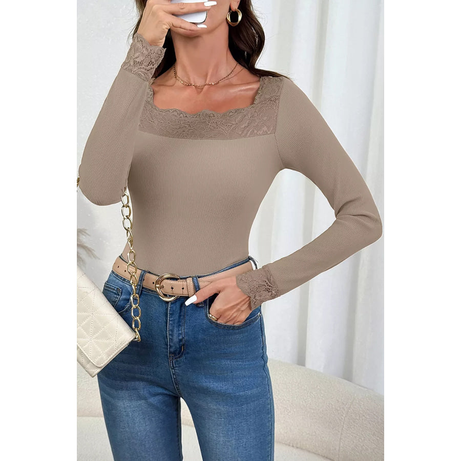 Solid Color Ribbed Lace Neck Long Sleeve Top Apparel and Accessories