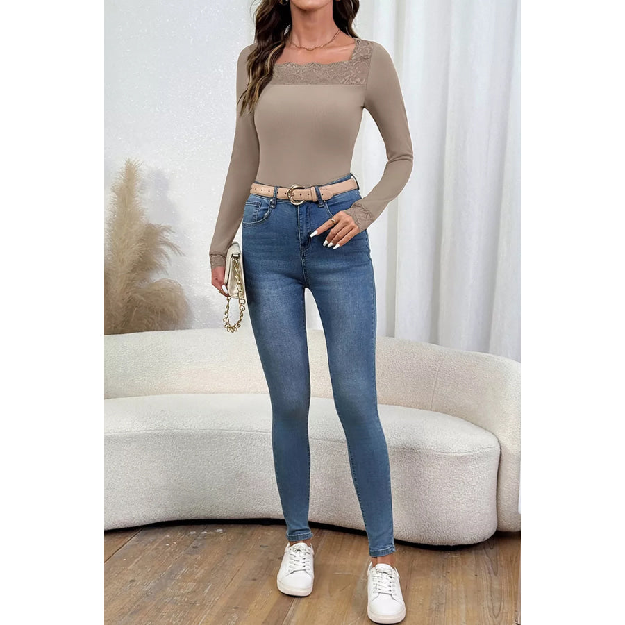 Solid Color Ribbed Lace Neck Long Sleeve Top Apparel and Accessories