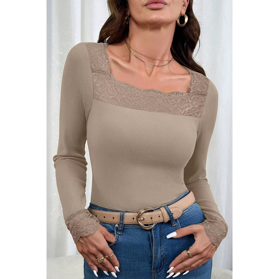 Solid Color Ribbed Lace Neck Long Sleeve Top Apparel and Accessories