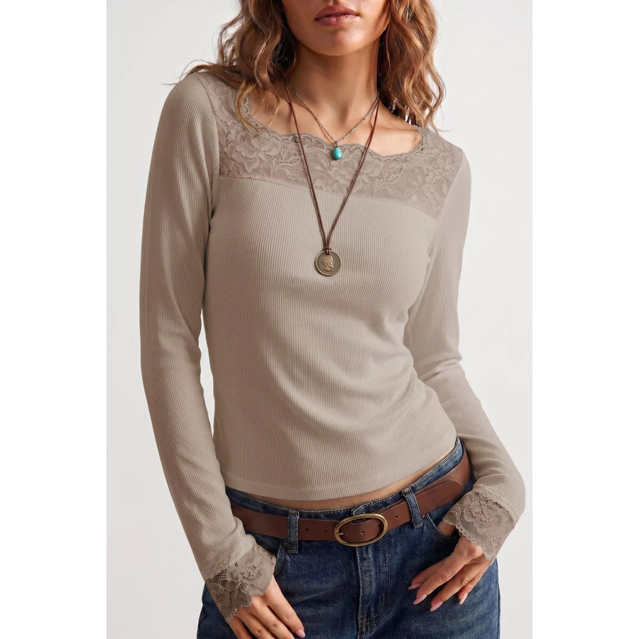 Solid Color Ribbed Lace Neck Long Sleeve Top Mocha / S Apparel and Accessories