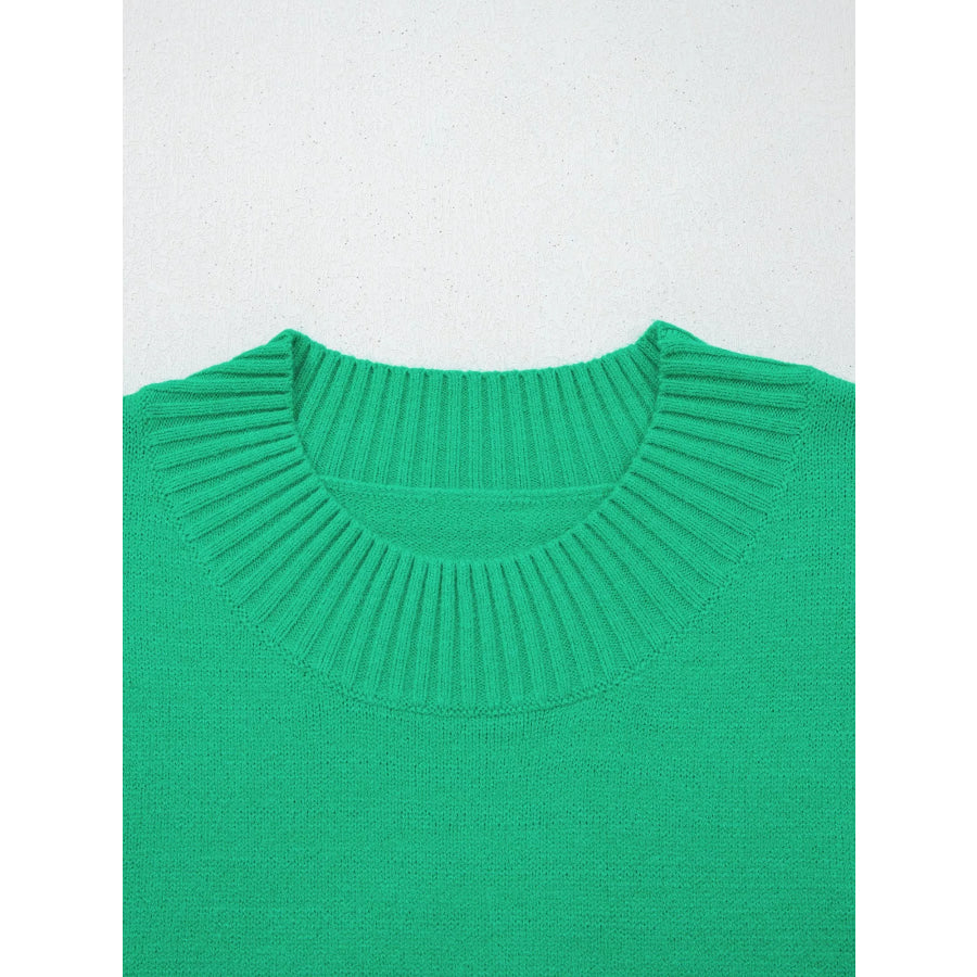 Solid Color Ribbed Trim Round Neck Ruffle Short Sleeve Sweater Apparel and Accessories