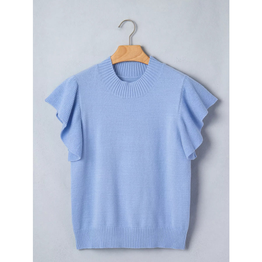 Solid Color Ribbed Trim Round Neck Ruffle Short Sleeve Sweater Apparel and Accessories