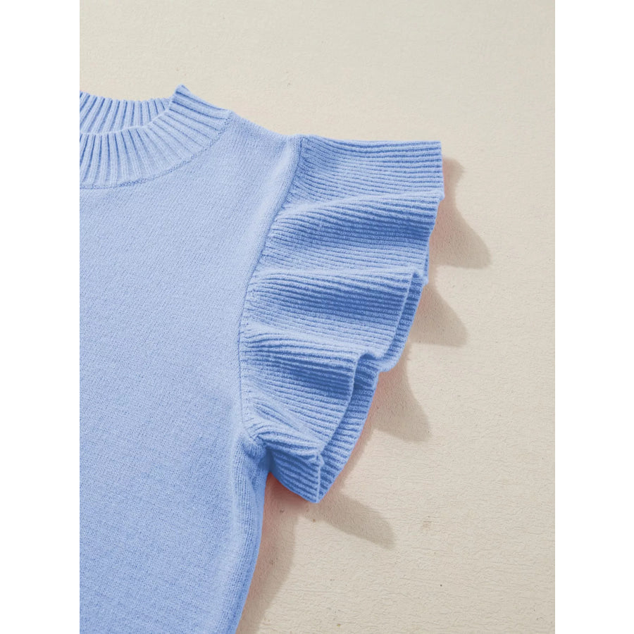Solid Color Ribbed Trim Round Neck Ruffle Short Sleeve Sweater Apparel and Accessories