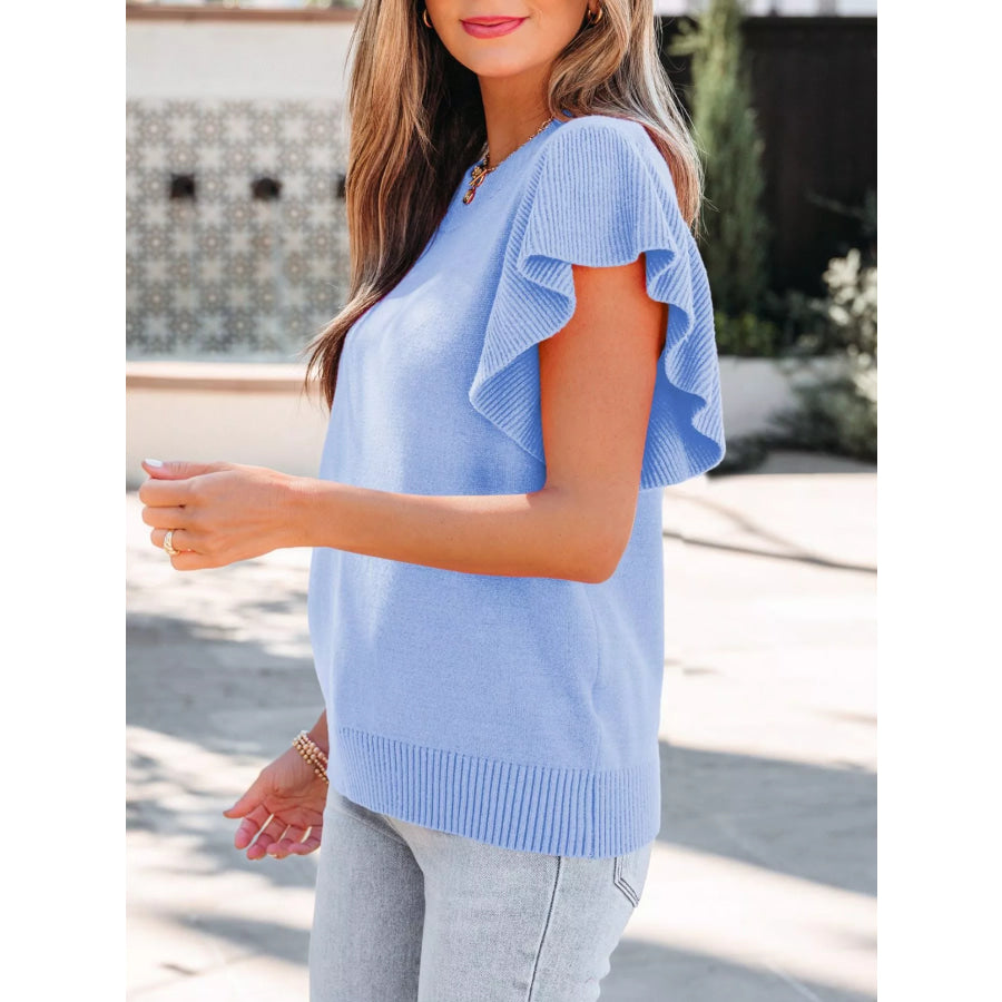 Solid Color Ribbed Trim Round Neck Ruffle Short Sleeve Sweater Apparel and Accessories