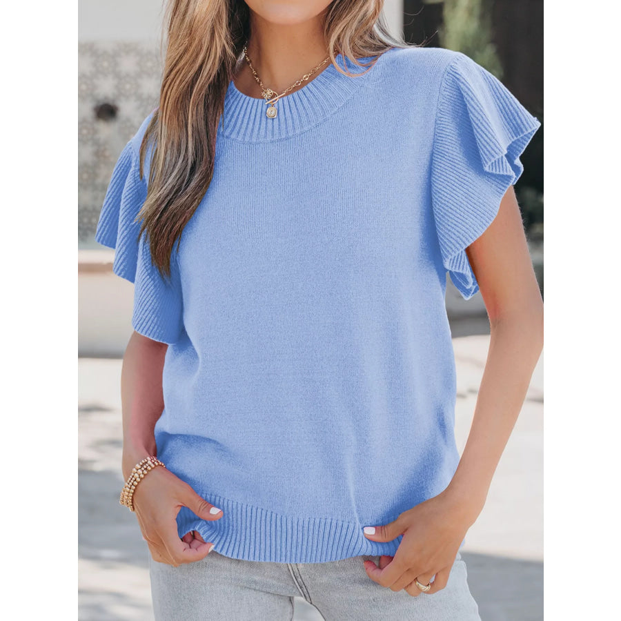 Solid Color Ribbed Trim Round Neck Ruffle Short Sleeve Sweater Light Blue / S Apparel and Accessories