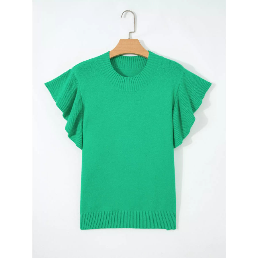 Solid Color Ribbed Trim Round Neck Ruffle Short Sleeve Sweater Apparel and Accessories