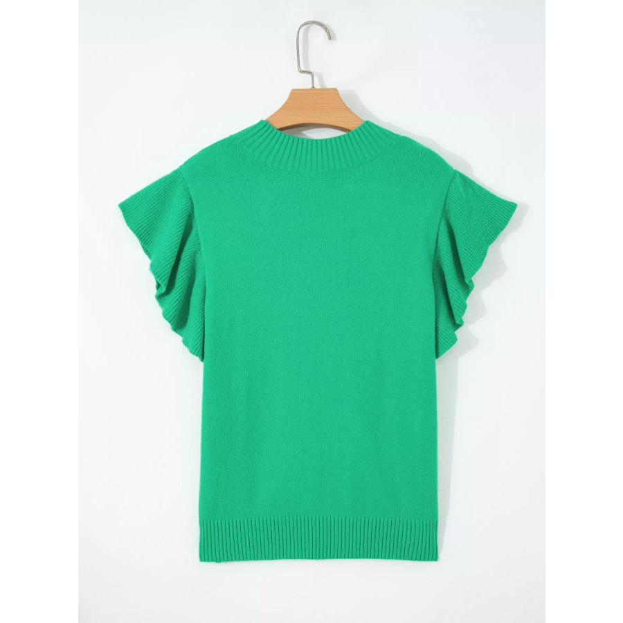 Solid Color Ribbed Trim Round Neck Ruffle Short Sleeve Sweater Apparel and Accessories