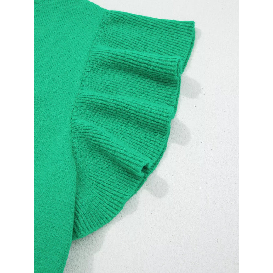 Solid Color Ribbed Trim Round Neck Ruffle Short Sleeve Sweater Apparel and Accessories
