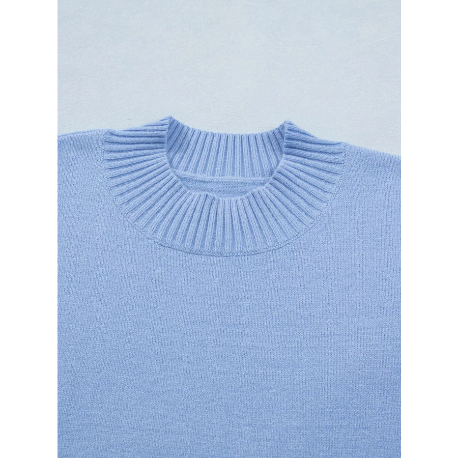 Solid Color Ribbed Trim Round Neck Ruffle Short Sleeve Sweater Apparel and Accessories