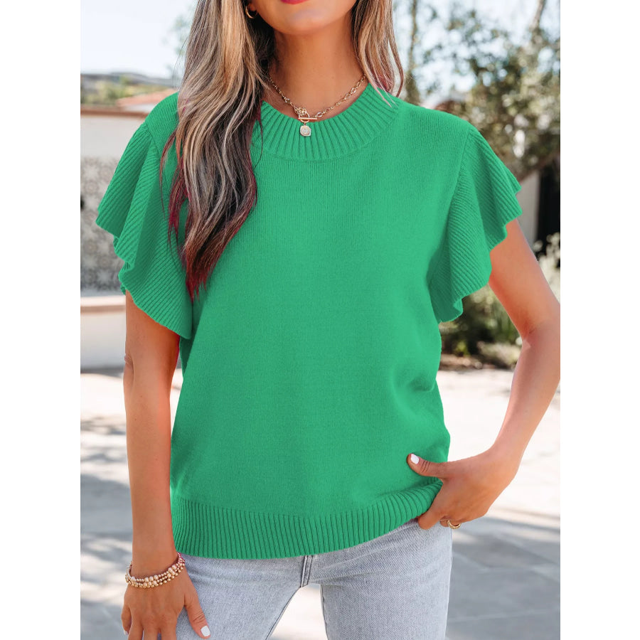 Solid Color Ribbed Trim Round Neck Ruffle Short Sleeve Sweater Green / S Apparel and Accessories
