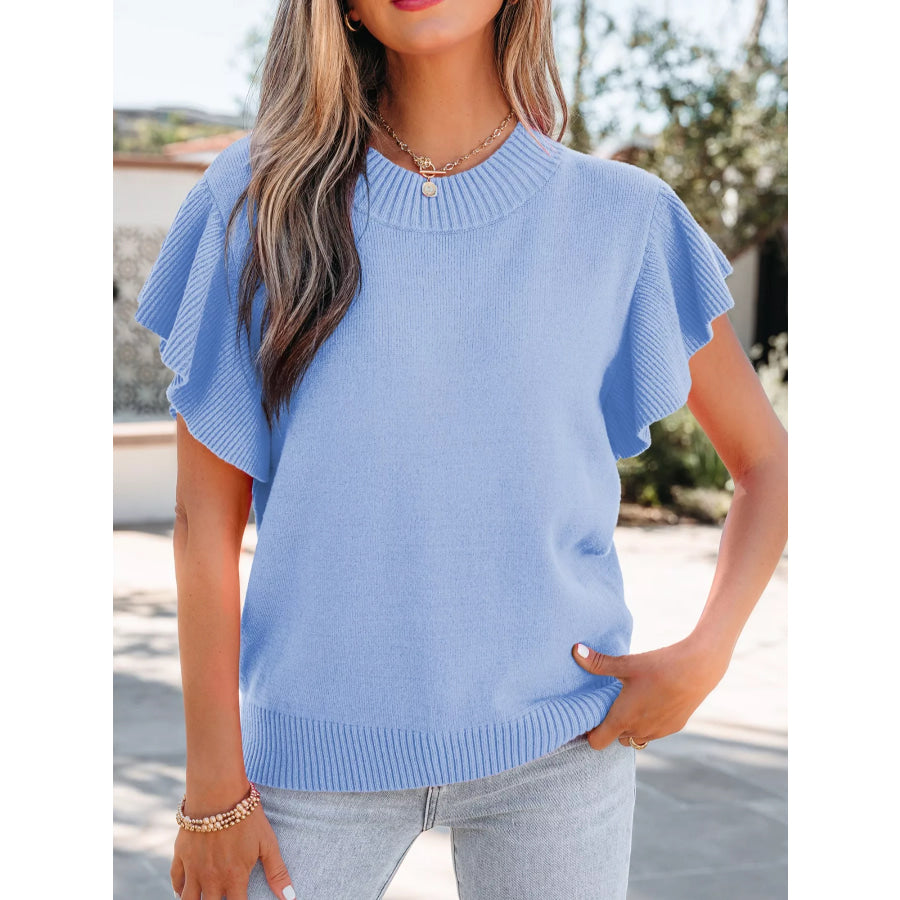 Solid Color Ribbed Trim Round Neck Ruffle Short Sleeve Sweater Light Blue / S Apparel and Accessories