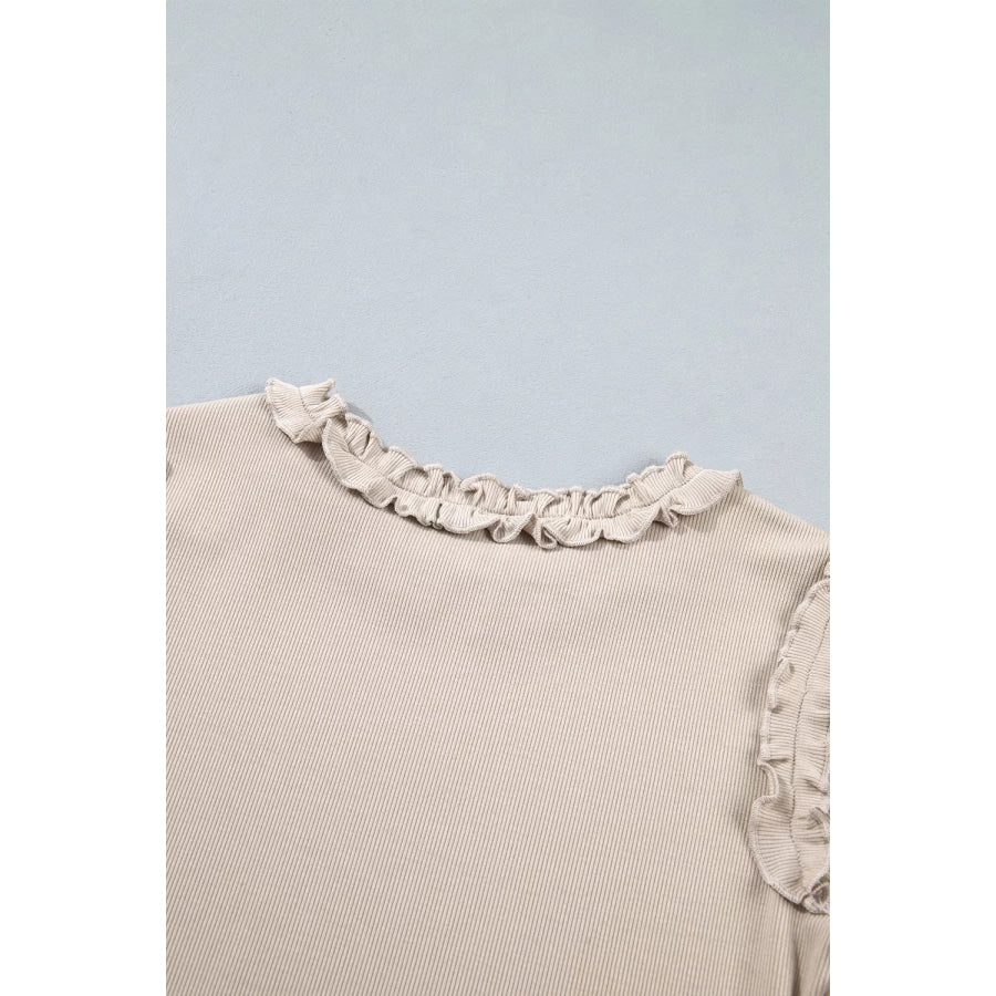 Solid Color Round Neck Frill Detail Long Sleeve Top Apparel and Accessories