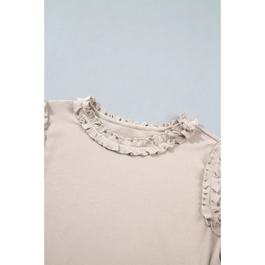 Solid Color Round Neck Frill Detail Long Sleeve Top Apparel and Accessories