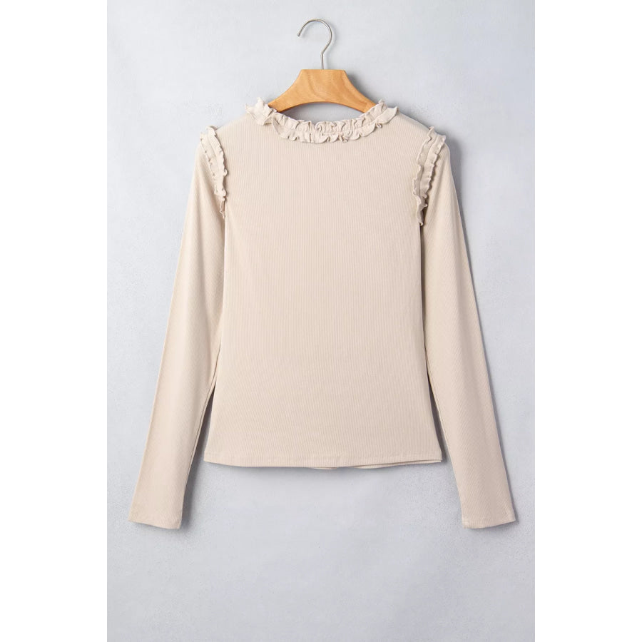 Solid Color Round Neck Frill Detail Long Sleeve Top Apparel and Accessories