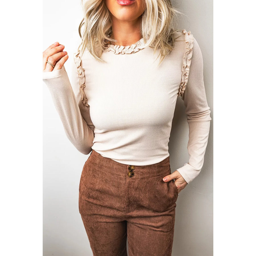 Solid Color Round Neck Frill Detail Long Sleeve Top Beige / S Apparel and Accessories