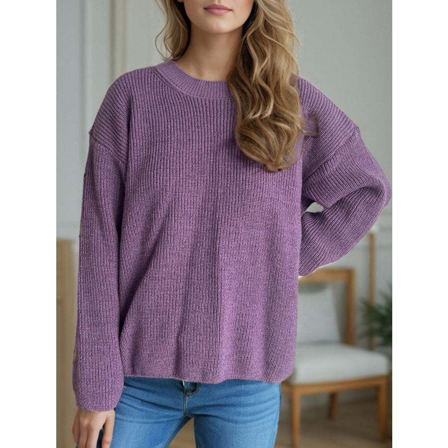 Solid Color Round Neck Long Sleeve Sweater Apparel and Accessories