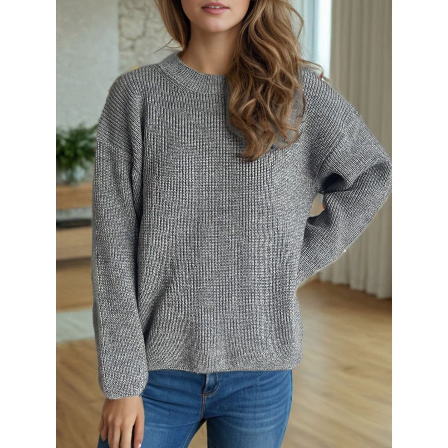Solid Color Round Neck Long Sleeve Sweater Apparel and Accessories